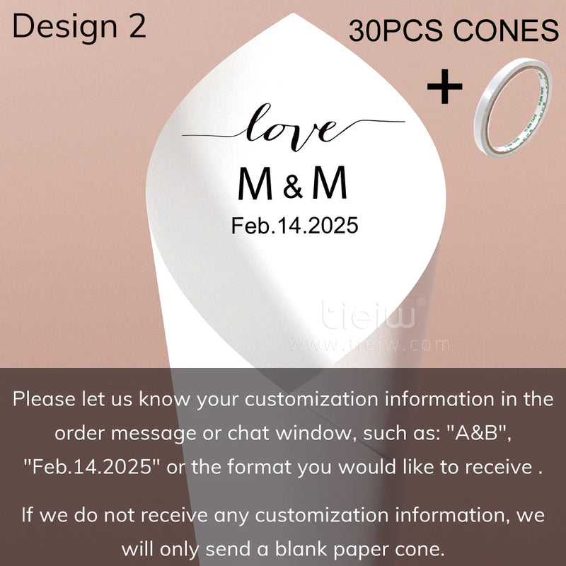 Personalized wedding confetti cones with names and date,