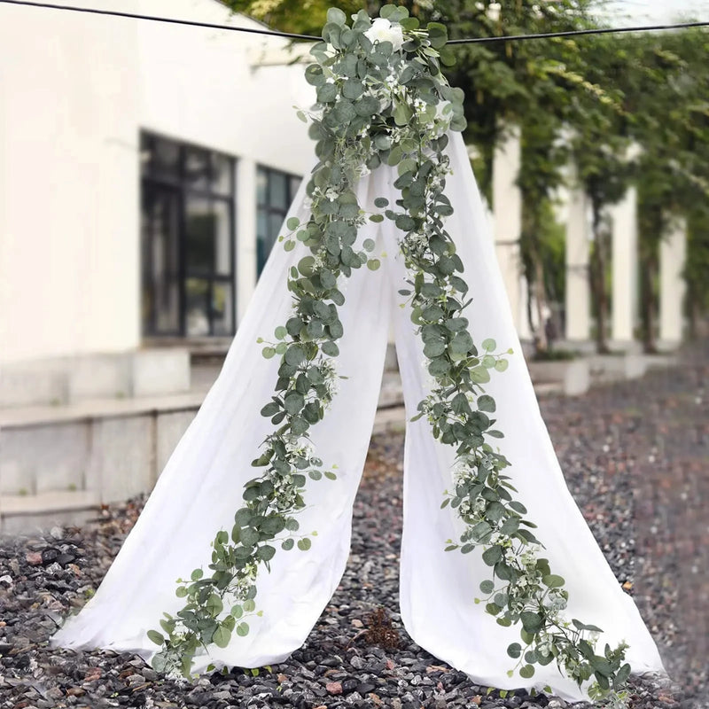 1pc Artificial Eucalyptus Leaves Greenery Garland Faux Plant Spring Vines with White Flowers Berries for Wedding Home Party Deco