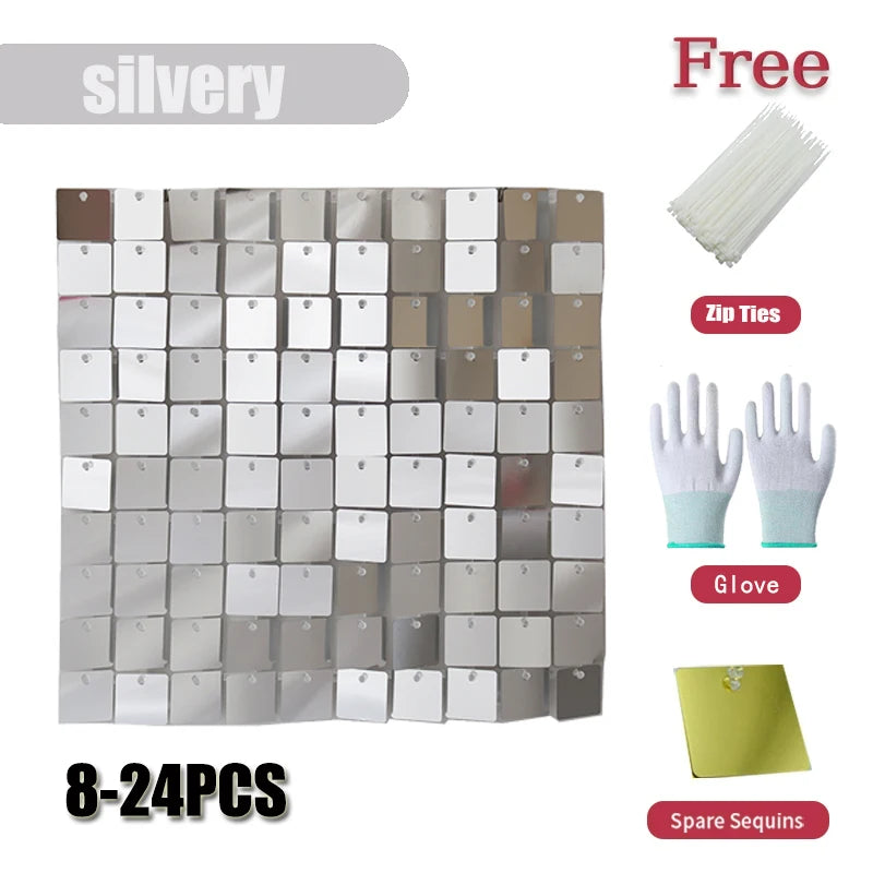 Square glitter wall background with shiny decorative panels,