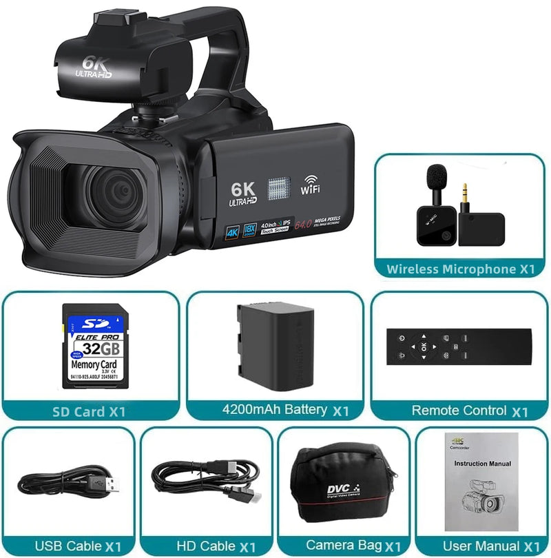 Câmera Camcorders 64MP Streaming Câmera 4.0"Touch Screen, Digital Video Câmeras Photography, YouTube Camcorder 6K Ultra HD. - KOMERY