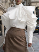 Vintage Solid Office Blouse Women Ruffled Stitching Street Shirts Spring 3D Long Sleeve Tops Casual Loose Buttons Tunics - ZANZEA