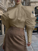 Vintage Solid Office Blouse Women Ruffled Stitching Street Shirts Spring 3D Long Sleeve Tops Casual Loose Buttons Tunics - ZANZEA