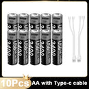 Type-C Rechargeable Lithium Battery for Camera Remote Control Smart Door Lock Microphone Mouse. - 3400mWh 1.5V AA USB