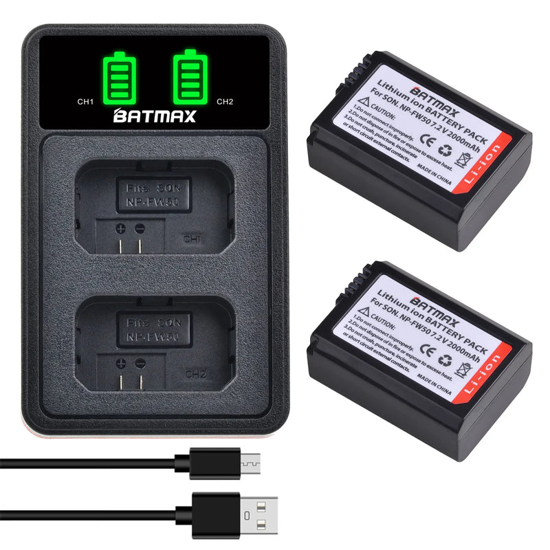 Dual Charger for Sony A6000 A6400 A6300 A6500 A7 A7II A7RII A7SII A7S A7S2 A7R. - 4X 2000mAh NP-FW50 NP FW50 Battery + LED USB