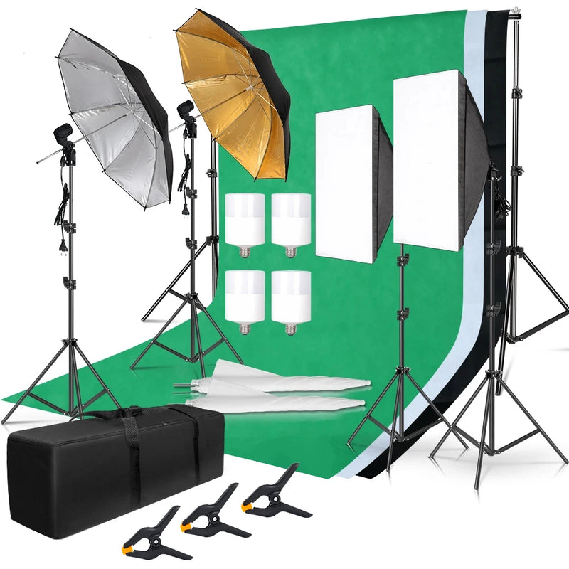 Photography Photo Studio Softbox Lighting Kit With Background Frame 3pcs Backdrops Tripod Stand Reflector Board 4Umbrella