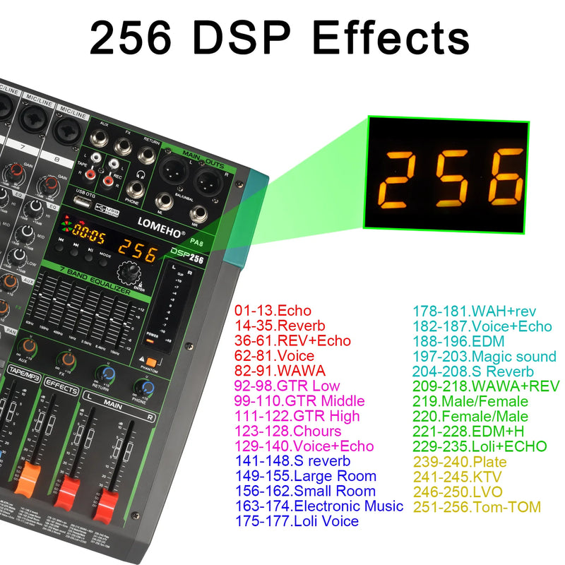 LOMEHO 256 Effects Mixing Console 8 Channels Sound Table 7 Band EQ Bluetooth Audio Mixer 48V USB Play Record DJ Controller PA8