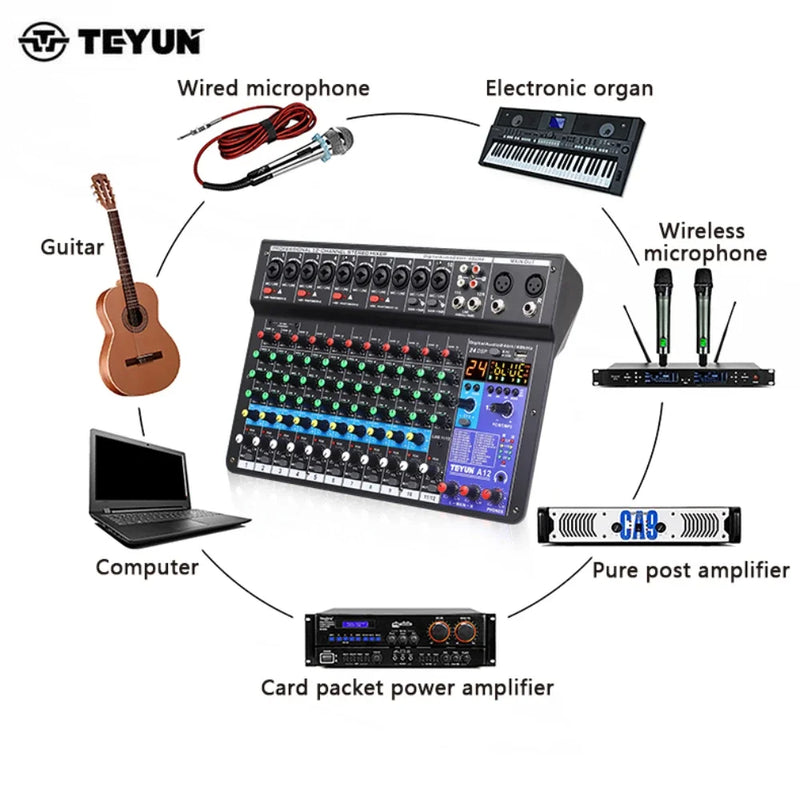 TEYUN A12 Channel Audio Mixer Professional Portable Mixer Sound Table Board Digital MP3 Computer Input 48v Power Number A6 A8