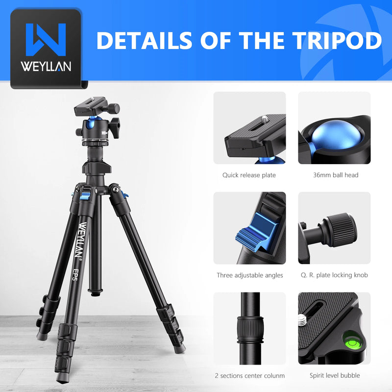 64 Inch Flexible Tripod for Camera Mobile Phone Travel Professional Camera Tripod Stand Metal 36mm Ball Head Quick Release Plate