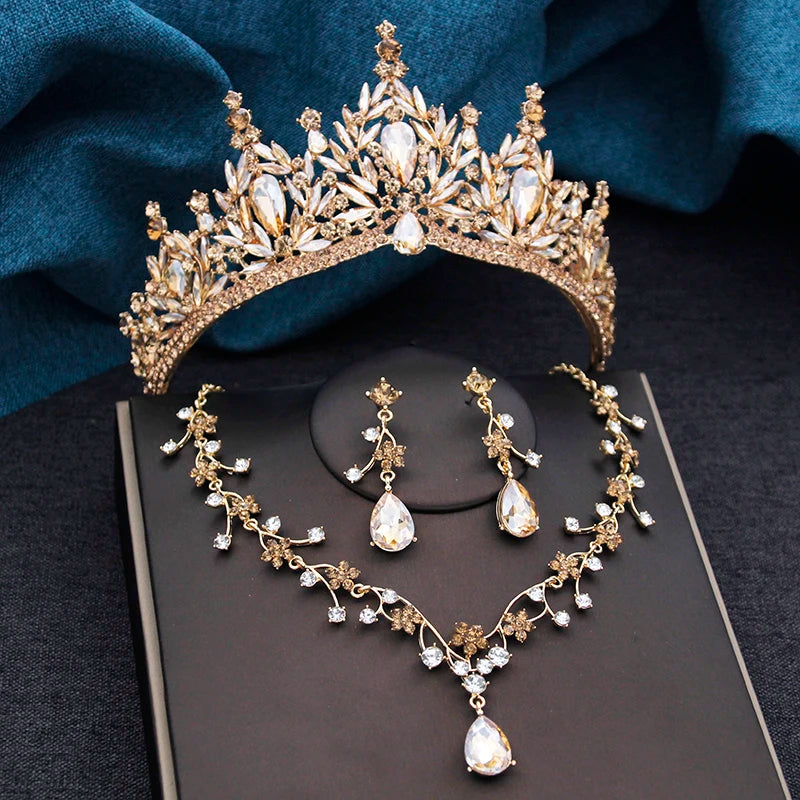 Baroque Tiaras and Crowns Princess 3-pack Wedding Crown Sets and Necklace Earrings for Party Birthday Costume Jewelry Bridal