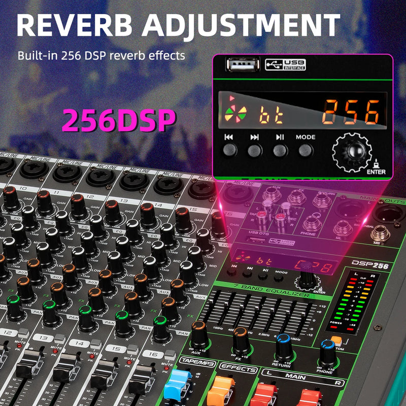 16 Channels Audio Sound Mixer Depusheng MG16 Mixing DJ Console USB with 48V Phantom Power 256 DSP Effects Sound Table for stage