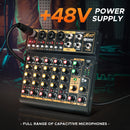 Debra Mini 6 6-Channel Audio Mixer DJ Console with Bluetooth 5.0 OTG Reverb 48V Sound Card for PC Recording, Webcasting