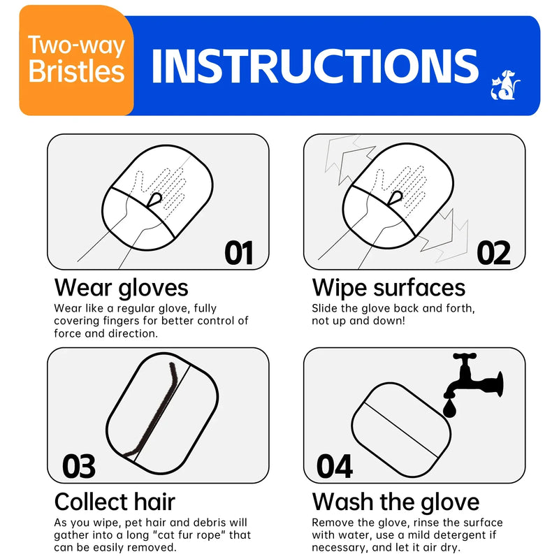Pet Grooming Gloves Cats Hair Brush Pet Removal Gloves Dual Brush Static-Free Cat Cleaning Tool Hair Stripping Mitts