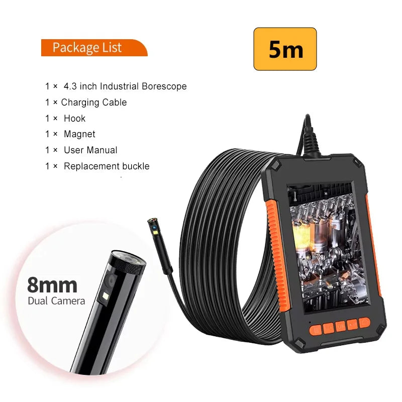 LCD Endoscope Camera with Dual Lens Borescope and 8 Lights, HD Inspection Camera