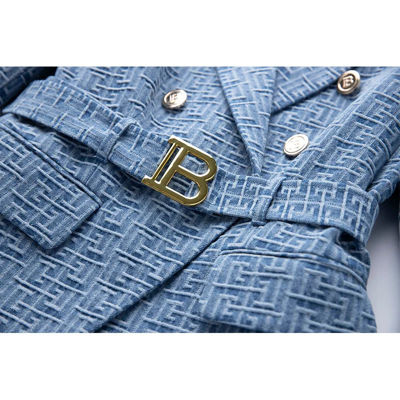 Pattern Denim Jackets for Ladies Women Fashion Blazer with Belt - Custom Luxury