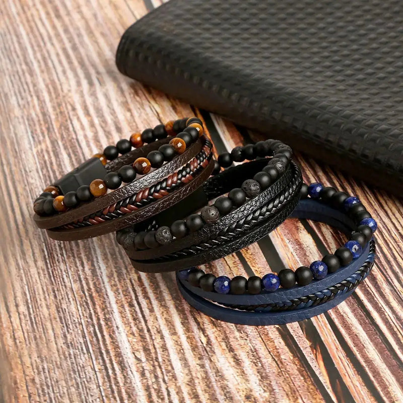 Fashion Layered Handmade Braided Leather Bracelet,Tiger Eyestone Beaded Bracelet, Characteristic Punk Bracelet. - 4 Style