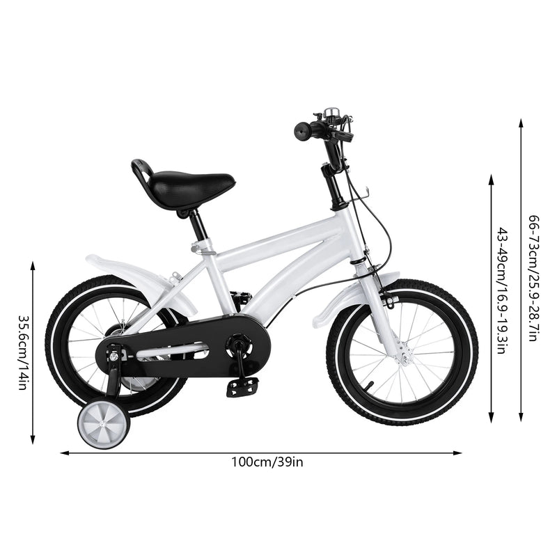 Kids’ Bike with Safety Training Wheels, 14-Inch Rubber Tires, Adjustable PU Seat, Chain Guard, White