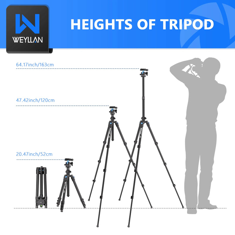 64 Inch Flexible Tripod for Camera Mobile Phone Travel Professional Camera Tripod Stand Metal 36mm Ball Head Quick Release Plate
