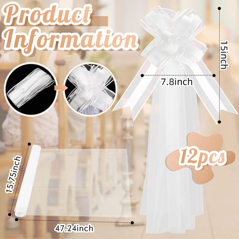 Church pew bows with long tulle tails for aisle and chair decoration