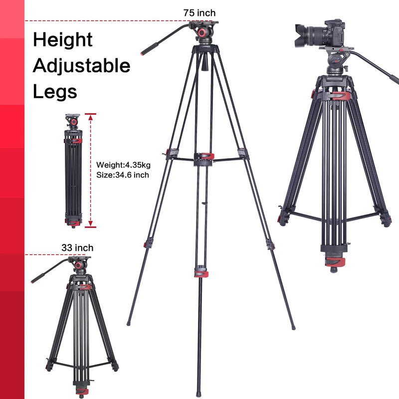 Miliboo Tripod for Camera, 75.98” Video Tripod Stand 360° Pan&-75°/+90° Tilt Head Quick Release Mid-Level Spreader MTT602II-AL