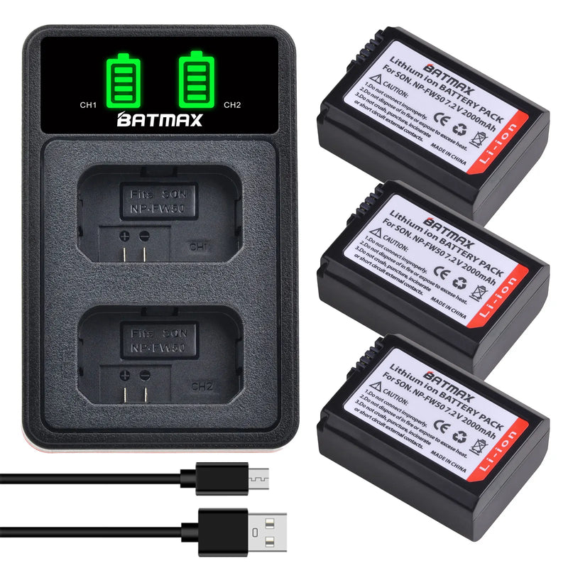 Dual Charger for Sony A6000 A6400 A6300 A6500 A7 A7II A7RII A7SII A7S A7S2 A7R. - 4X 2000mAh NP-FW50 NP FW50 Battery + LED USB
