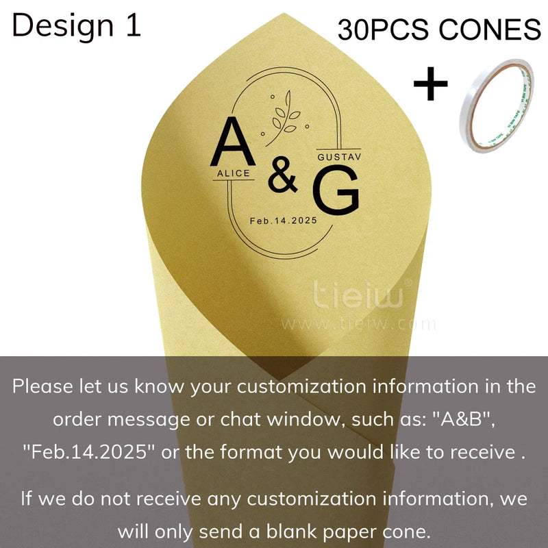 Personalized wedding confetti cones with names and date,