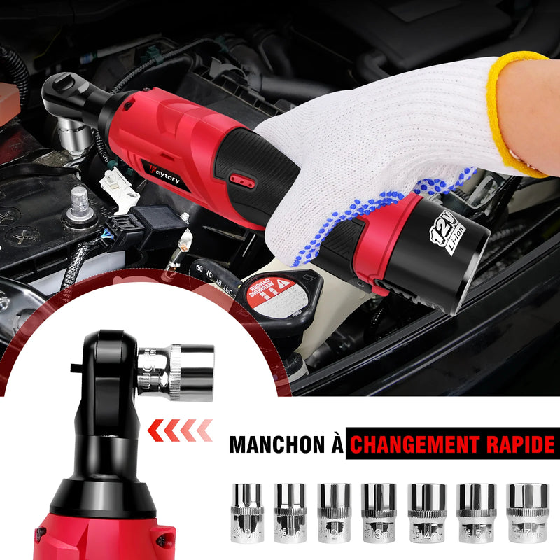Cordless Electric Ratchet Wrench,90°. Angle Wrench 12V Power Ratchet Tool with 2 Batteries & Charger+7 Sockets. - DayPlus 200NM 3/8"