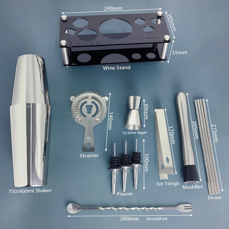 Boston Cocktail Shaker Bar Tools Wine Mixer Set Bartender Cocktail Shaker Tool Kit with Holder. - 13-22Pcs 750ml 600ml