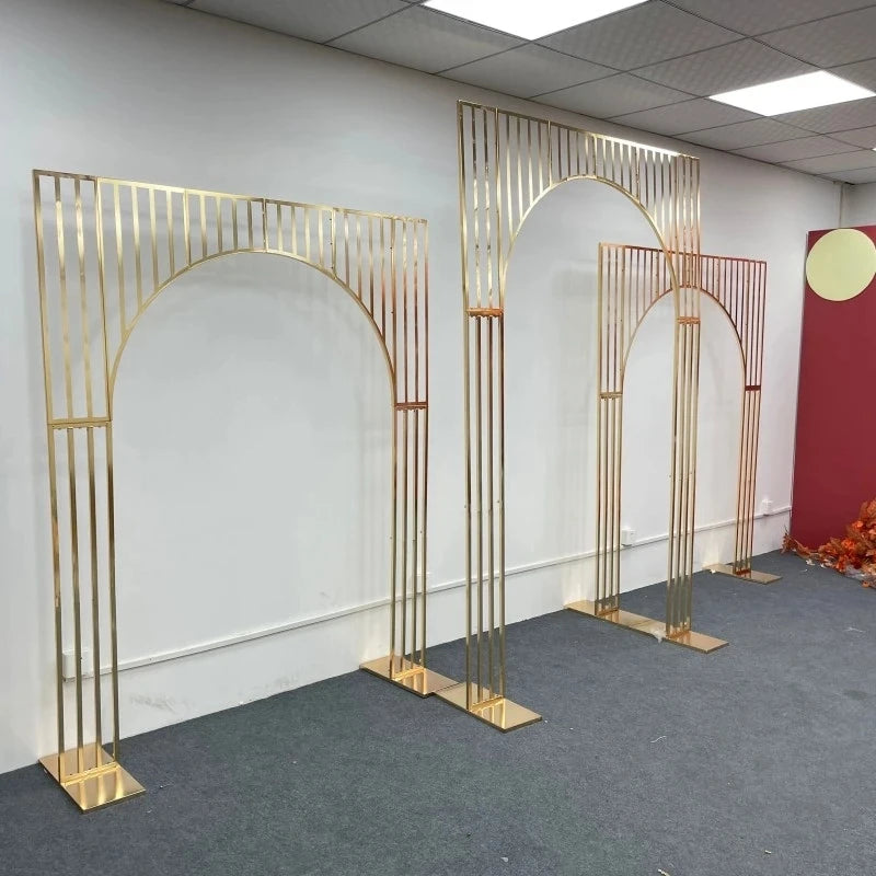 Wedding background decoration with wrought iron frame, shiny arches, golden shelf,