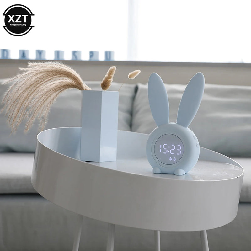 Mini Cartoon LED Digital Alarm Clock Electronic LED Display Sound Control  Cute Rabbit Night Lamp Desk Rechargeable Clock