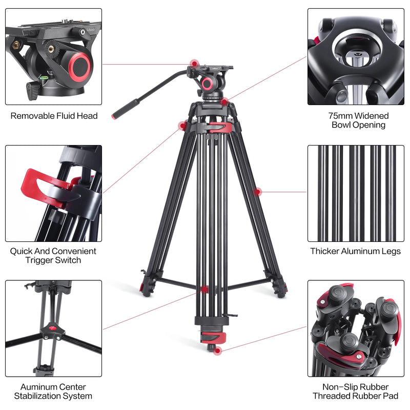 Miliboo Tripod for Camera, 75.98” Video Tripod Stand 360° Pan&-75°/+90° Tilt Head Quick Release Mid-Level Spreader MTT602II-AL