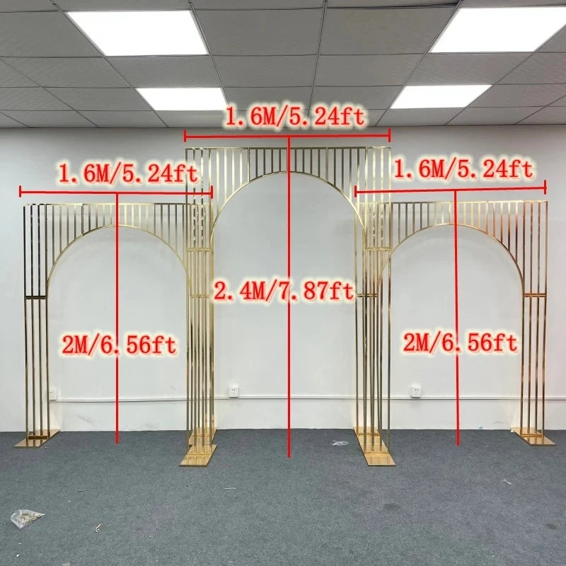 Wedding background decoration with wrought iron frame, shiny arches, golden shelf,