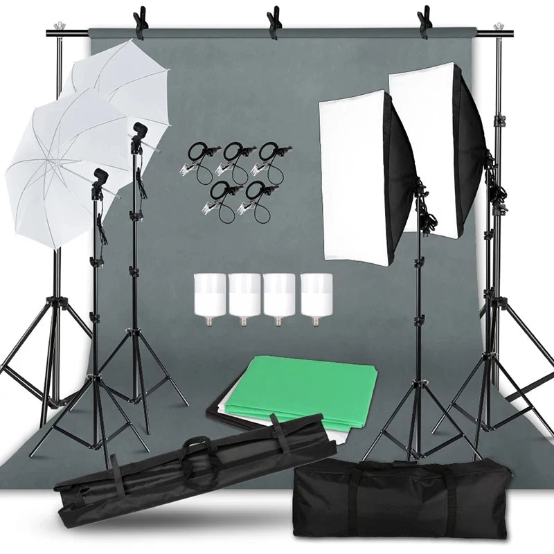 Photography Photo Studio Softbox Lighting Kit With Background Frame 3pcs Backdrops Tripod Stand Reflector Board 4Umbrella