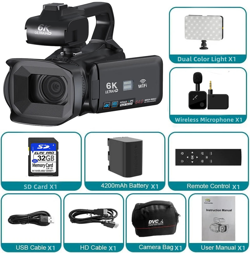 Câmera Camcorders 64MP Streaming Câmera 4.0"Touch Screen, Digital Video Câmeras Photography, YouTube Camcorder 6K Ultra HD. - KOMERY