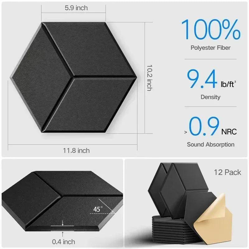 HexagonalSelf-adhesive Acoustic Panels Sound Proof Foam Panels Y-Lined Design to Absorb Noise Eliminate Echoes Black. - 12/6/1piece