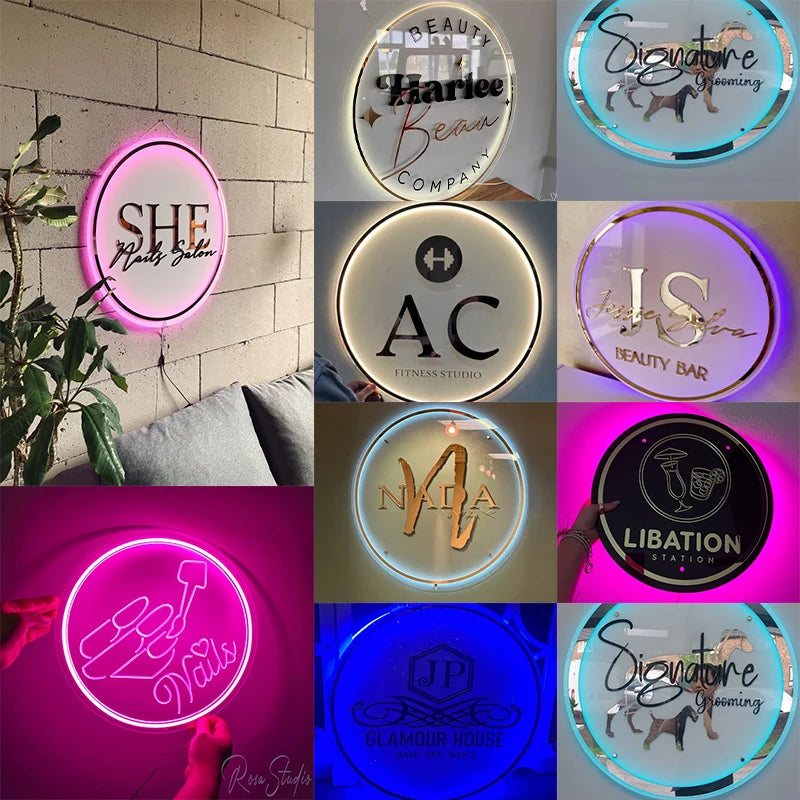 Custom Acrylic Business Logo Neon Lights Wall Personalised Sign Business Office Logo Beauty Salon Plaques Hair Studio 3D Sign