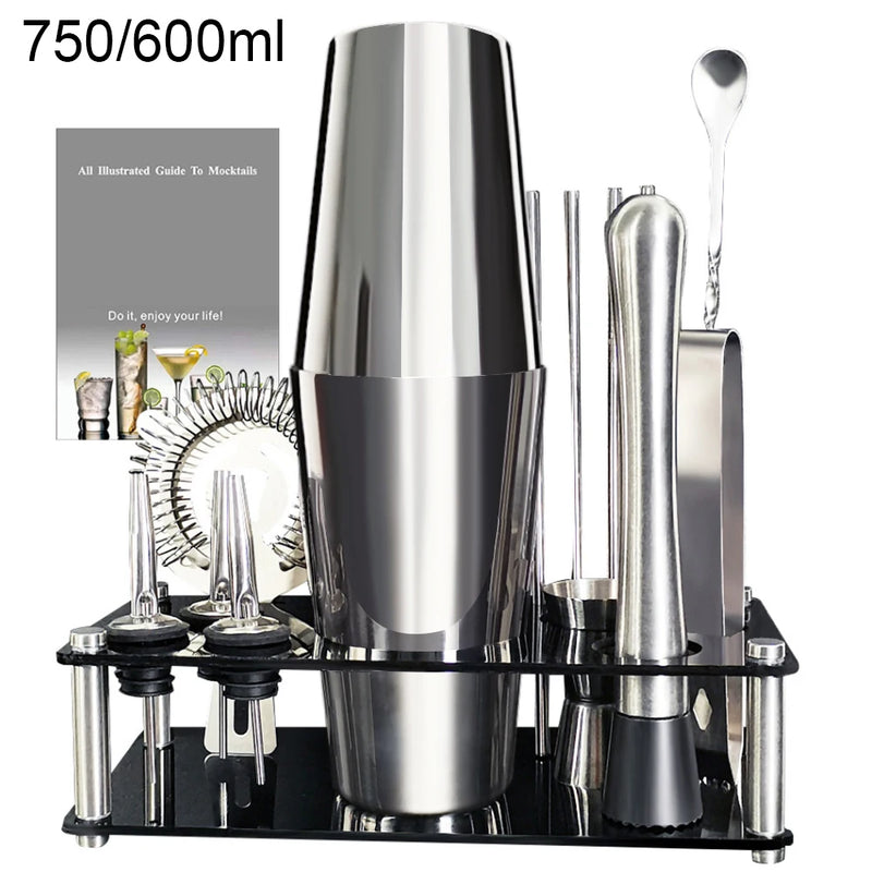 Boston Cocktail Shaker Bar Tools Wine Mixer Set Bartender Cocktail Shaker Tool Kit with Holder. - 13-22Pcs 750ml 600ml