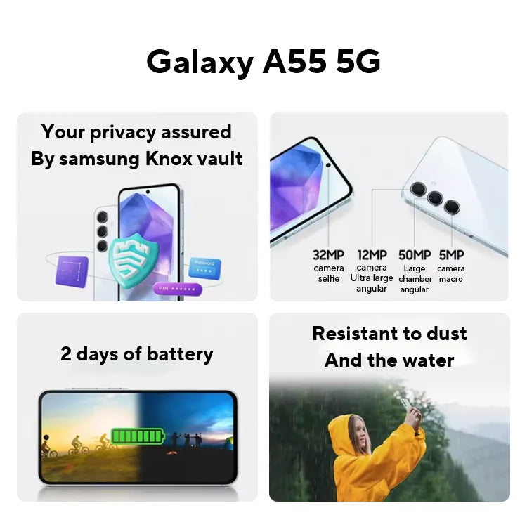 Samsung Galaxy A55 5G Smartphone Exynos 1480 50MP Camera 6.6" FHD+ Super AMOLED 120Hz Display 25W 5000mAh Fast Charge Cellphone