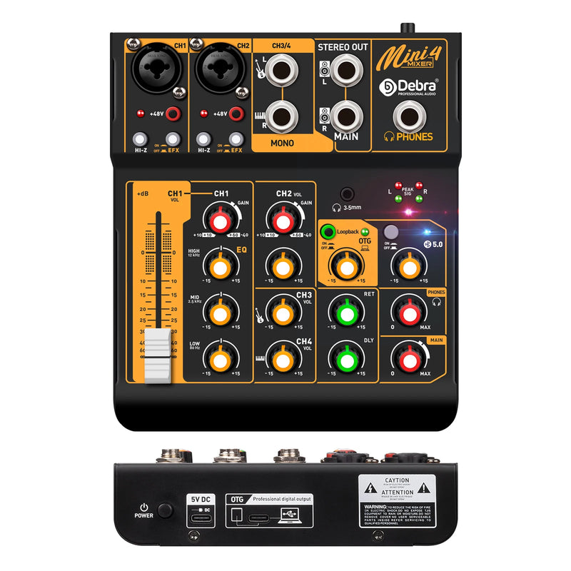Debra Mini 6 6-Channel Audio Mixer DJ Console with Bluetooth 5.0 OTG Reverb 48V Sound Card for PC Recording, Webcasting