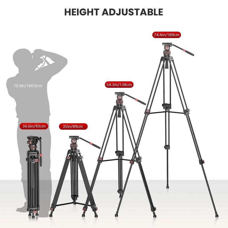 Professional Video Tripod Stand 74'' Metal Heavy Duty Panorama Head 3Section Load 22lb/10kg for DSLR Camera Camcorder. - EVUMO DF6