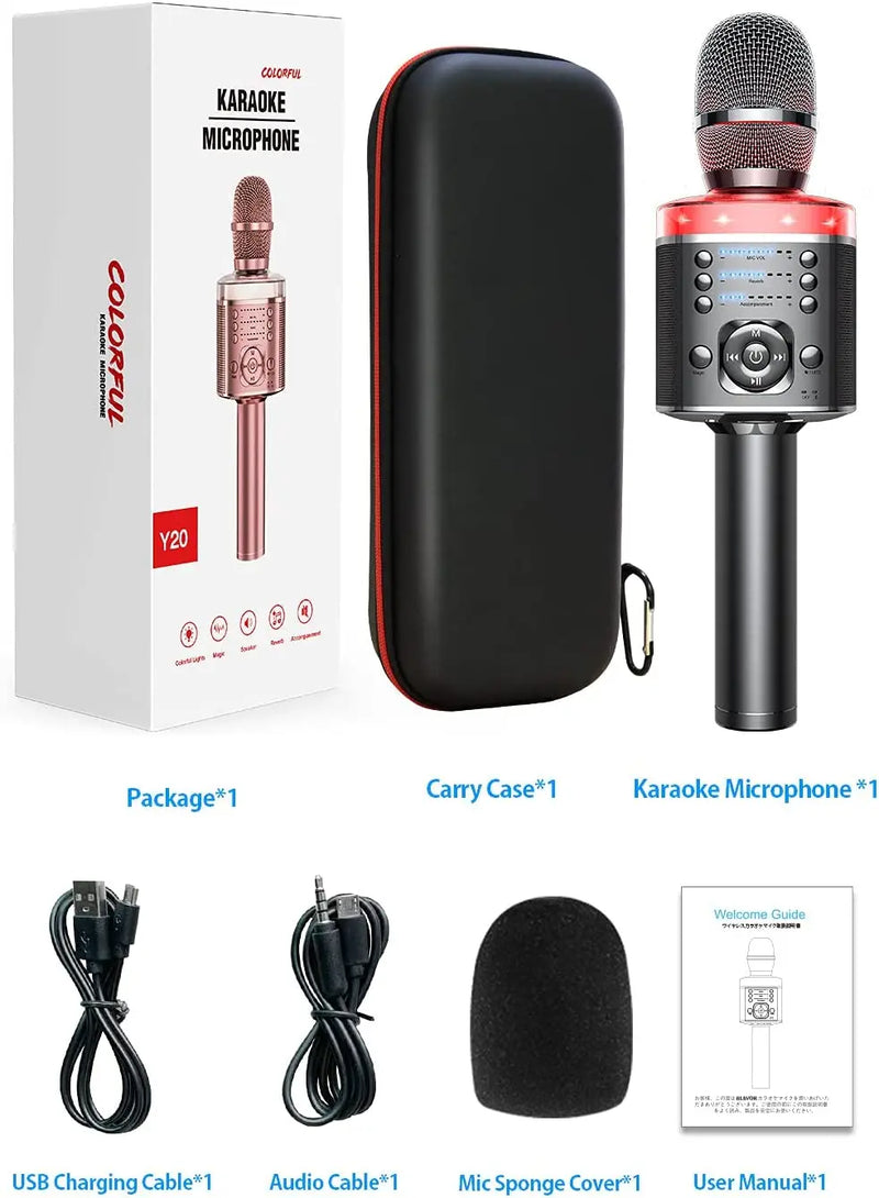 Karaoke Microphone Bluetooth Wireless Mic with Magic Sound LED Light Portable Singing Machine for Home KTV Party Adult/Kid Gift