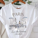 Paris Print T-shirt, Short Sleeve Crew Neck Casual Top for Summer & Spring, Women's Clothing