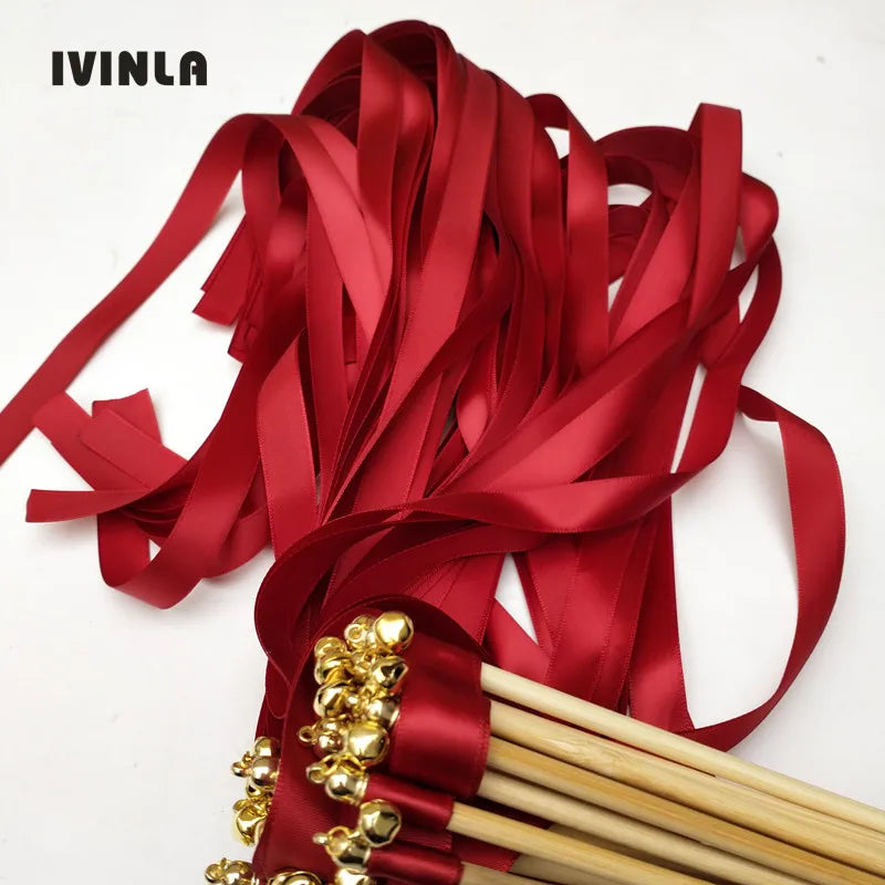 Wedding wand set with fuchsia and pink ribbon and gold bells