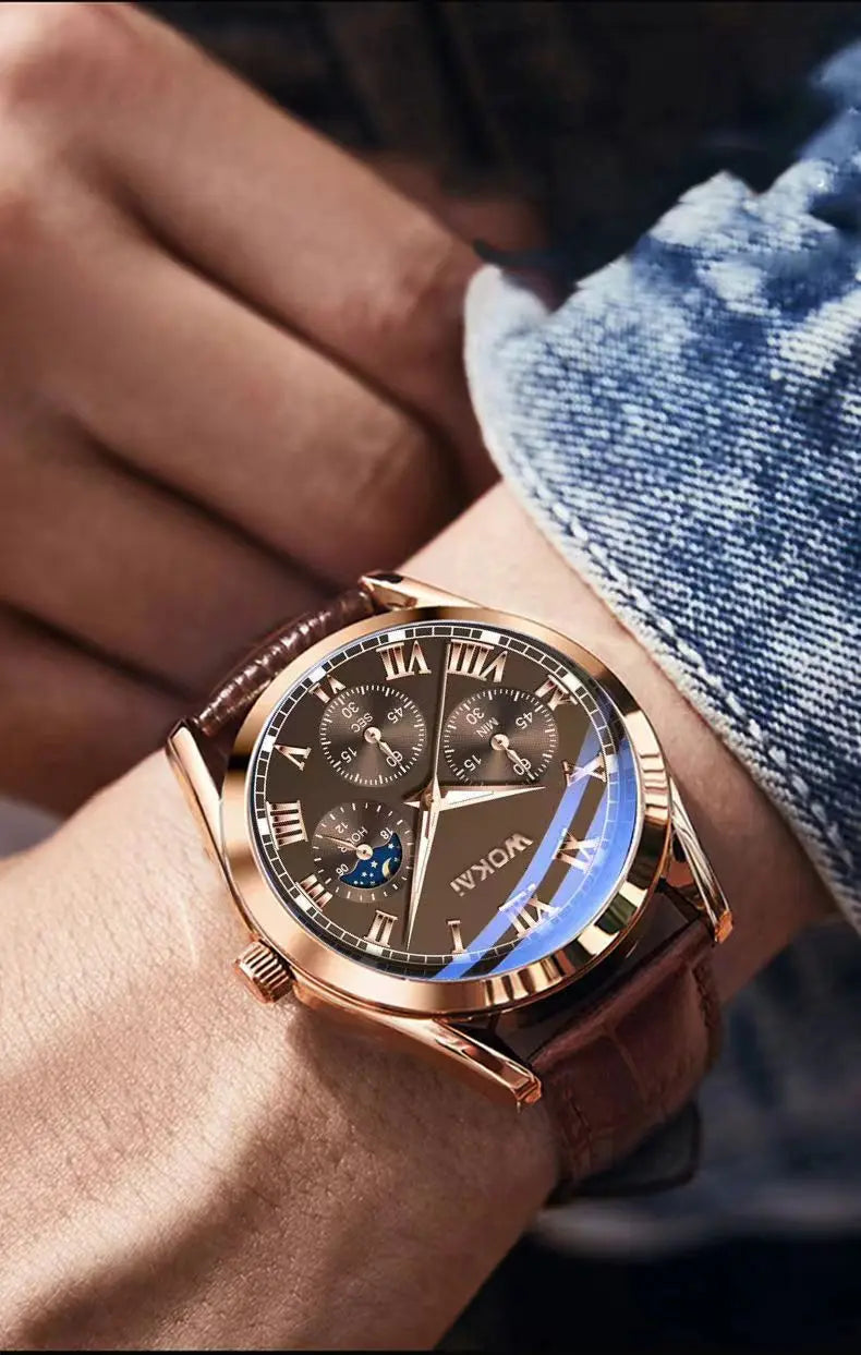 Quartz Watch, Fashion Business, Three-Eye Roman Dial Bamboo Belt.