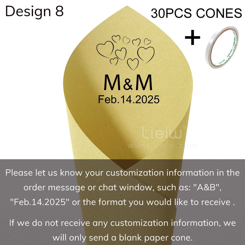 Personalized wedding confetti cones with names and date,