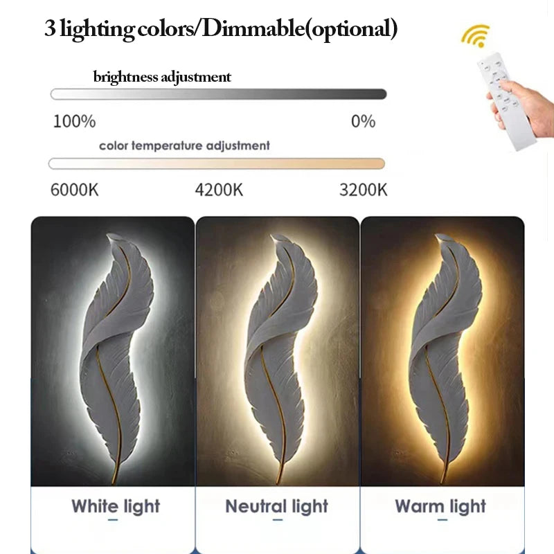 Modern LED Feather Wall Lamps, Resin Bedroom Bedside Lamp,