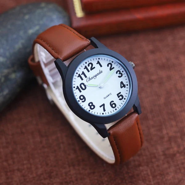 Fashion leather strap watches for woman man children boys young students 12hours quartz waterproof watches clock. - 2025