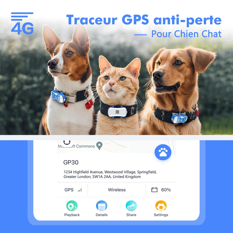 ‌4G Dog Cat GPS Tracker for Pets - Waterproof Smart Locator with App, Live Tracking & Light/Sound Search, Free Trial Included