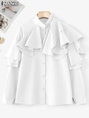 Vintage Solid Office Blouse Women Ruffled Stitching Street Shirts Spring 3D Long Sleeve Tops Casual Loose Buttons Tunics - ZANZEA