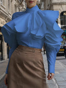 Vintage Solid Office Blouse Women Ruffled Stitching Street Shirts Spring 3D Long Sleeve Tops Casual Loose Buttons Tunics - ZANZEA