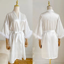 White bridal robe with feathers for wedding, satin robe for women,